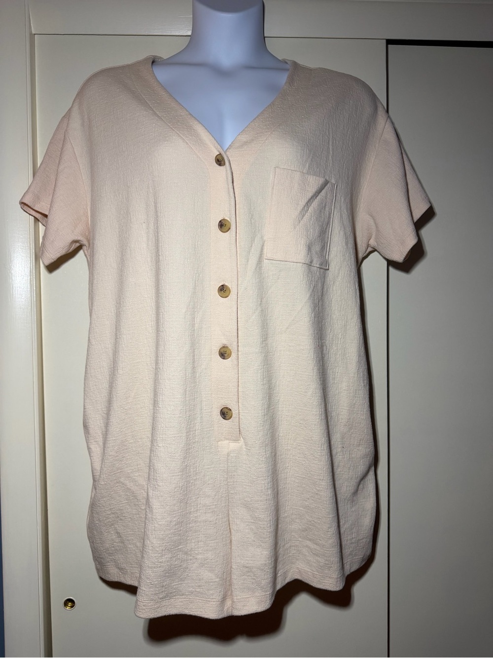 Beige Button Front Short Sleeve Romper with Pockets Size XL